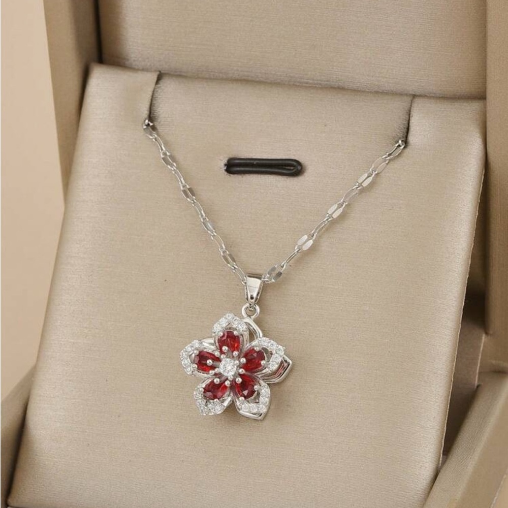 - Red and Silver Floral Gemstone Necklace (Stainless Steel)
